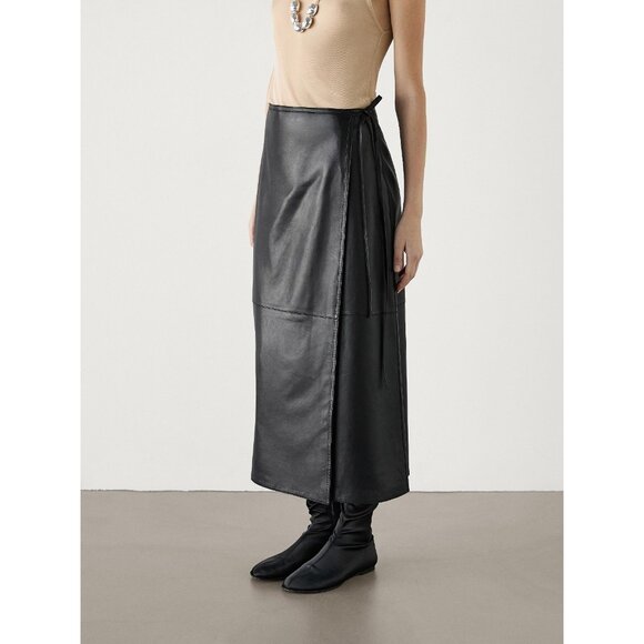 Massimo Dutti Dresses & Skirts - Massimo Dutti Womens Leather Wrap Skirt S Small Black Midi A-Line 5301/831 NWT